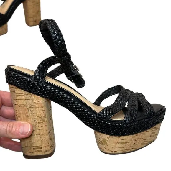 Schutz Cork Block Heel Sandals with Black Braided Leather, Women's Size 7.5