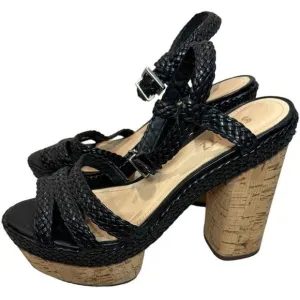 Schutz Cork Block Heel Sandals with Black Braided Leather, Women's Size 7.5