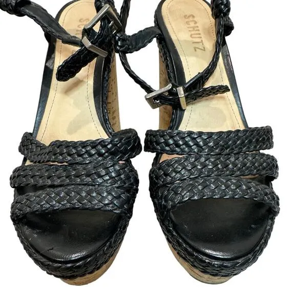 Schutz Cork Block Heel Sandals with Black Braided Leather, Women's Size 7.5