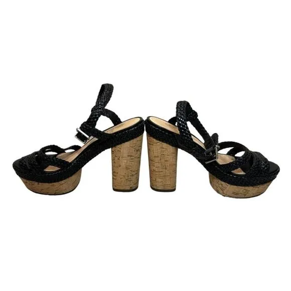 Schutz Cork Block Heel Sandals with Black Braided Leather, Women's Size 7.5