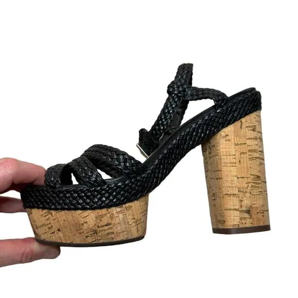 Schutz Cork Block Heel Sandals with Black Braided Leather, Women's Size 7.5