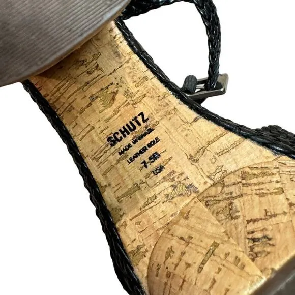 Schutz Cork Block Heel Sandals with Black Braided Leather, Women's Size 7.5