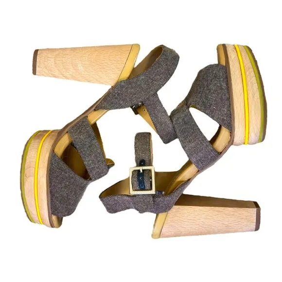 See by Chloe Canvas Slingback Sandals Wooden Platform Heel EUR 40 US 10 Summer