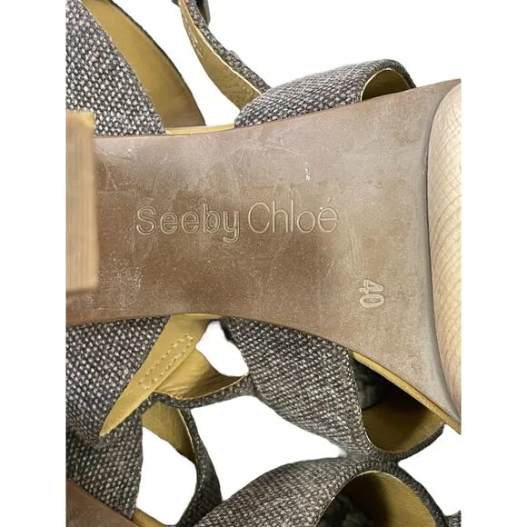 See by Chloe Canvas Slingback Sandals Wooden Platform Heel EUR 40 US 10 Summer