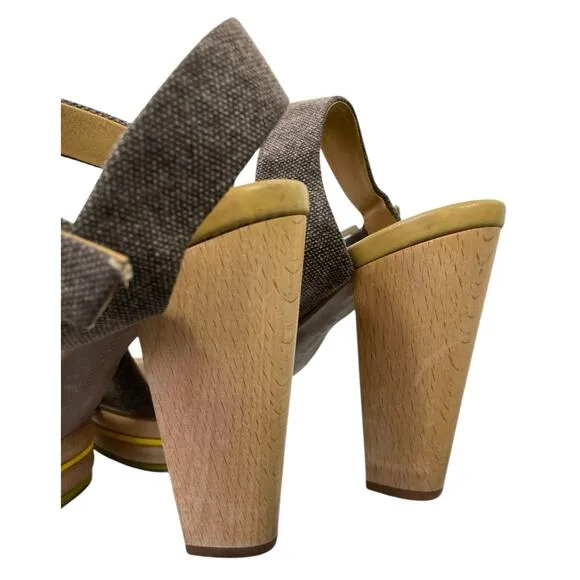 See by Chloe Canvas Slingback Sandals Wooden Platform Heel EUR 40 US 10 Summer