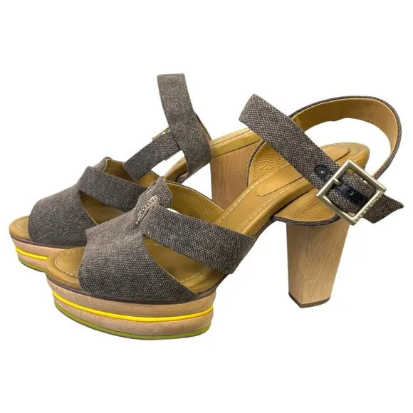See by Chloe Canvas Slingback Sandals Wooden Platform Heel EUR 40 US 10 Summer