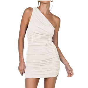 Sexy One Shoulder Ruched Sleeveless Bodycon Mini Short Dress