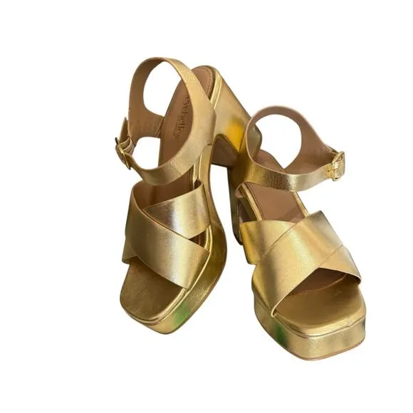 Seychelles Gold Blessings square toe Buckle Leather Block Heel platform shoe