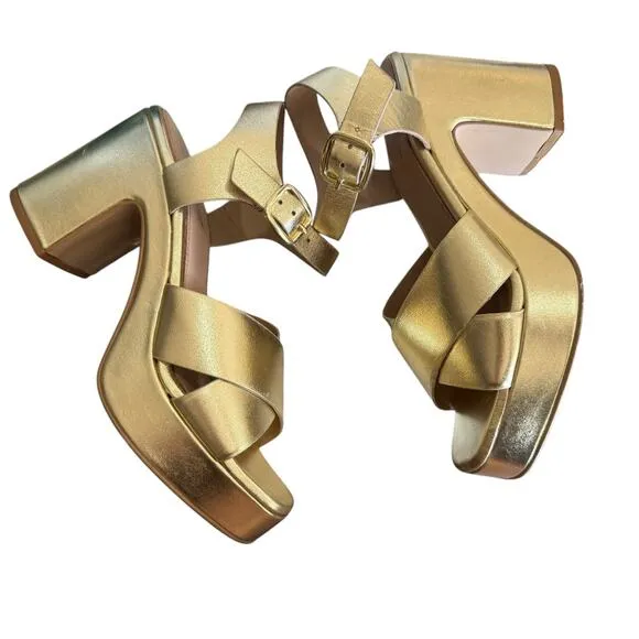 Seychelles Gold Blessings square toe Buckle Leather Block Heel platform shoe