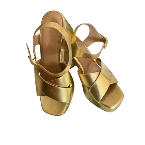 Seychelles Gold Blessings square toe Buckle Leather Block Heel platform shoe
