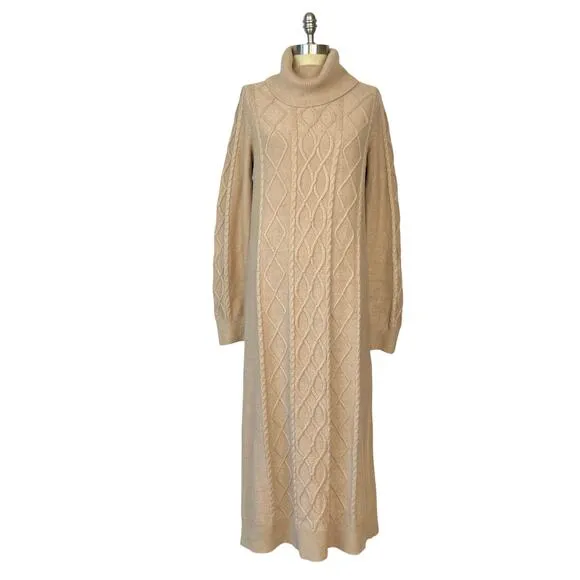 Show Me Your Mumu Montreal Taupe Midi Cable Knit Turtle Neck Sweater Dress (S)