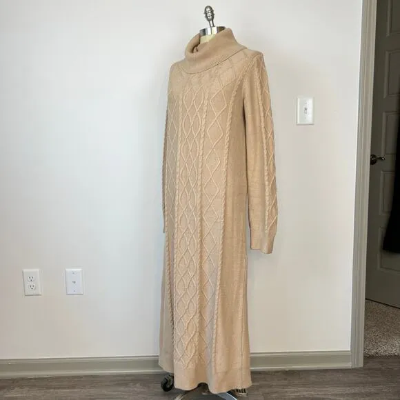 Show Me Your Mumu Montreal Taupe Midi Cable Knit Turtle Neck Sweater Dress (S)