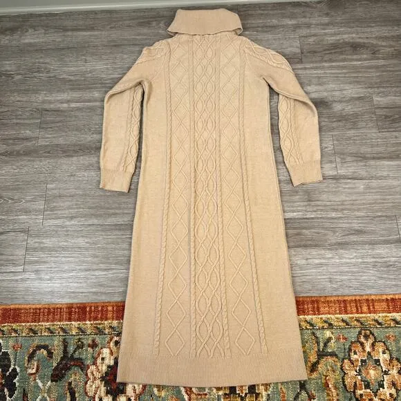 Show Me Your Mumu Montreal Taupe Midi Cable Knit Turtle Neck Sweater Dress (S)