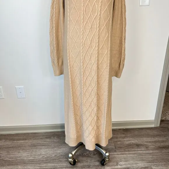 Show Me Your Mumu Montreal Taupe Midi Cable Knit Turtle Neck Sweater Dress (S)