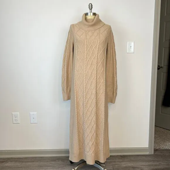 Show Me Your Mumu Montreal Taupe Midi Cable Knit Turtle Neck Sweater Dress (S)