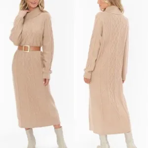 Show Me Your Mumu Montreal Taupe Midi Cable Knit Turtle Neck Sweater Dress (S)