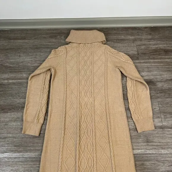 Show Me Your Mumu Montreal Taupe Midi Cable Knit Turtle Neck Sweater Dress (S)