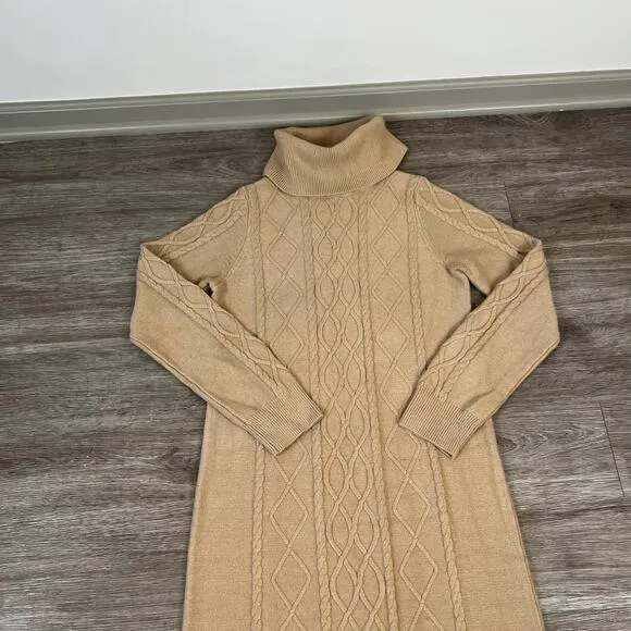 Show Me Your Mumu Montreal Taupe Midi Cable Knit Turtle Neck Sweater Dress (S)