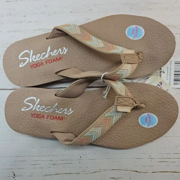 Skechers‎ Meditation Sunny Days Size 10 Woven Flip Flop Sandals Tan Yoga Foam
