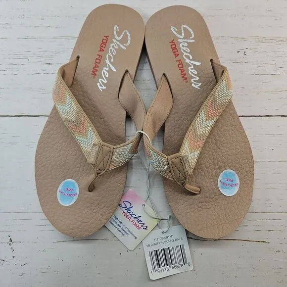 Skechers‎ Meditation Sunny Days Size 10 Woven Flip Flop Sandals Tan Yoga Foam