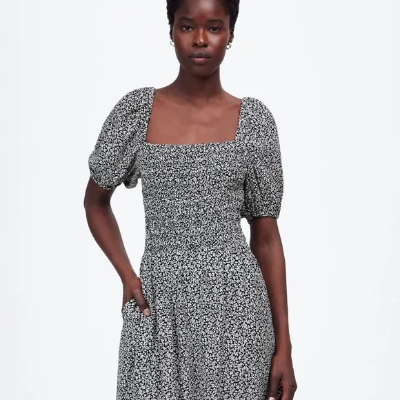 Smocked Puff-Sleeve Midi Dress in Floral