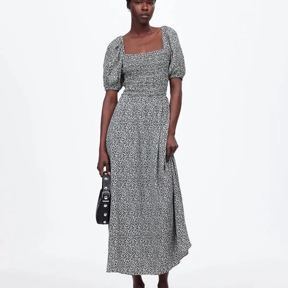 Smocked Puff-Sleeve Midi Dress in Floral