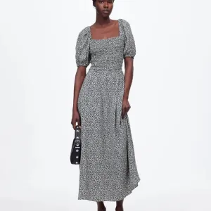 Smocked Puff-Sleeve Midi Dress in Floral