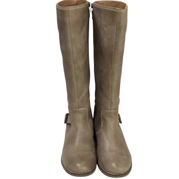 Sofft Alanna Taupe Tan Leather Tall Riding Moto Boots Zip Buckle 7.5 Wide
