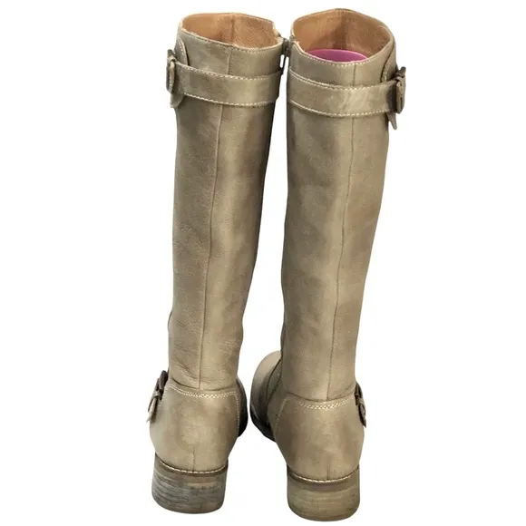 Sofft Alanna Taupe Tan Leather Tall Riding Moto Boots Zip Buckle 7.5 Wide