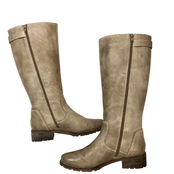 Sofft Alanna Taupe Tan Leather Tall Riding Moto Boots Zip Buckle 7.5 Wide