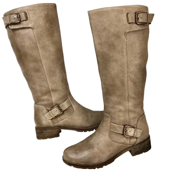Sofft Alanna Taupe Tan Leather Tall Riding Moto Boots Zip Buckle 7.5 Wide
