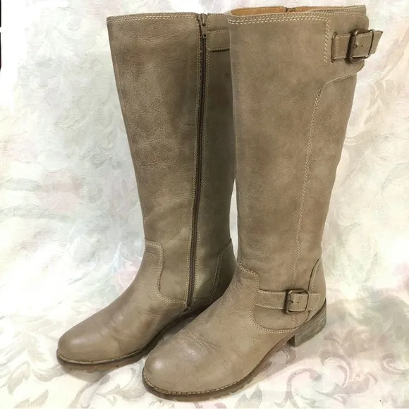 Sofft Alanna Taupe Tan Leather Tall Riding Moto Boots Zip Buckle 7.5 Wide
