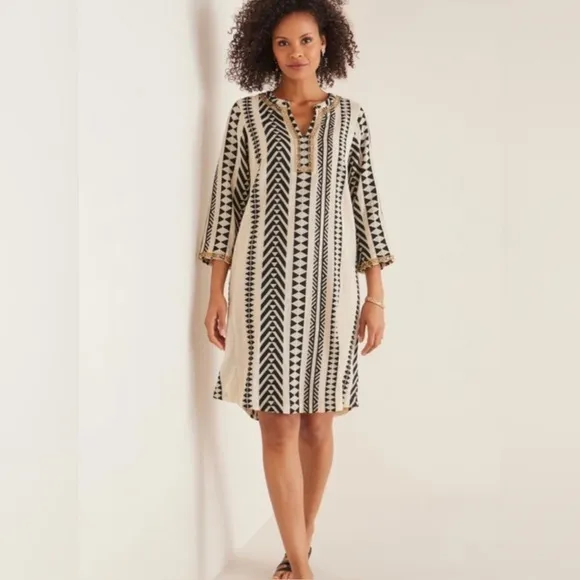 Soft Surroundings Rhea Aztec Embellished CaftanDress Black &amp; Cream Size 1X