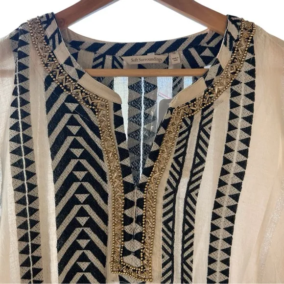 Soft Surroundings Rhea Aztec Embellished CaftanDress Black &amp; Cream Size 1X
