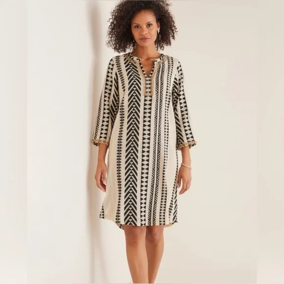 Soft Surroundings Rhea Aztec Embellished CaftanDress Black &amp; Cream Size 1X