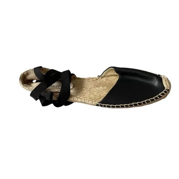 SOLUDOS Leather Ribbon Tie Up Espadrilles Sandals Shoes Black Tan 9