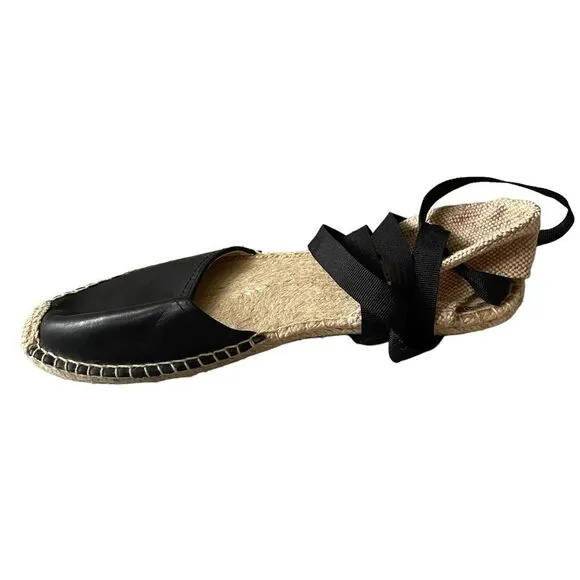 SOLUDOS Leather Ribbon Tie Up Espadrilles Sandals Shoes Black Tan 9