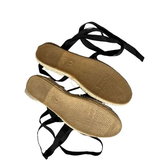 SOLUDOS Leather Ribbon Tie Up Espadrilles Sandals Shoes Black Tan 9