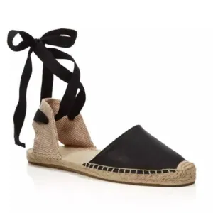SOLUDOS Leather Ribbon Tie Up Espadrilles Sandals Shoes Black Tan 9