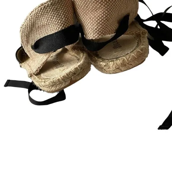 SOLUDOS Leather Ribbon Tie Up Espadrilles Sandals Shoes Black Tan 9