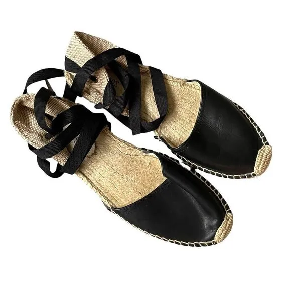 SOLUDOS Leather Ribbon Tie Up Espadrilles Sandals Shoes Black Tan 9