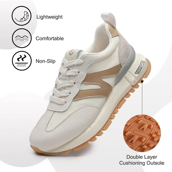 Somiliss Sneakers Genuine Leather Suede Patchwork Lace-Up Cream/Tan Size 9.5