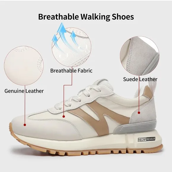 Somiliss Sneakers Genuine Leather Suede Patchwork Lace-Up Cream/Tan Size 9.5
