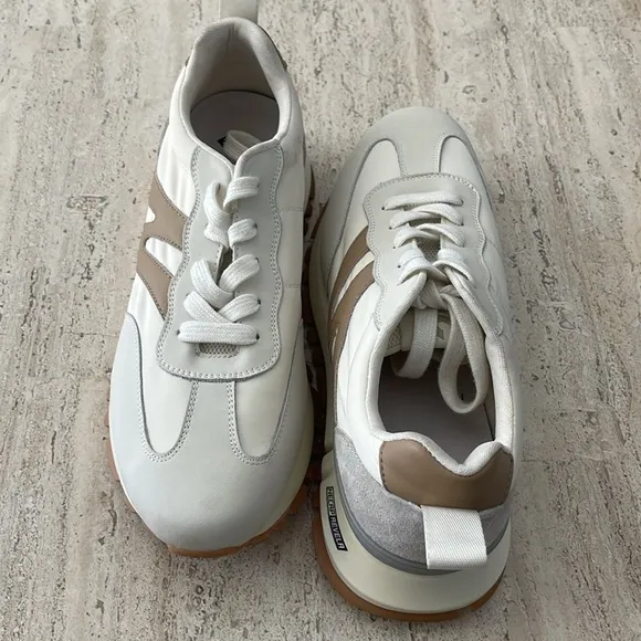 Somiliss Sneakers Genuine Leather Suede Patchwork Lace-Up Cream/Tan Size 9.5