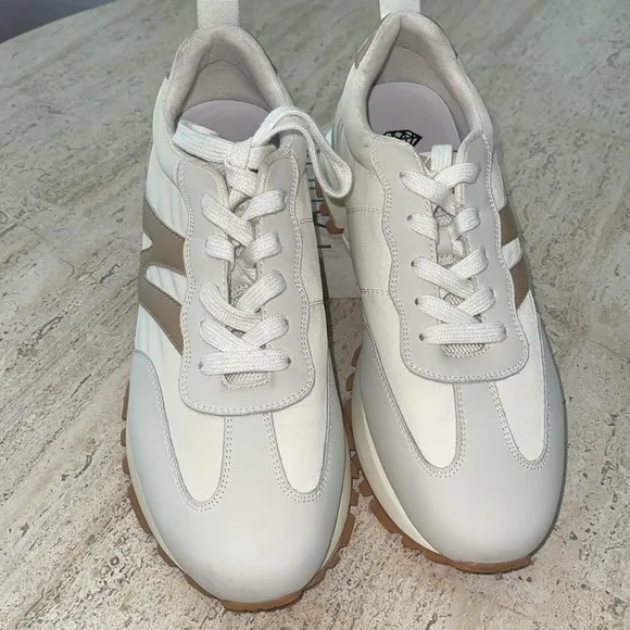 Somiliss Sneakers Genuine Leather Suede Patchwork Lace-Up Cream/Tan Size 9.5