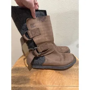 Sorel Chipahko Felt Wool Leather Buckle Tall Boots Brown &amp; Grey Women's 10