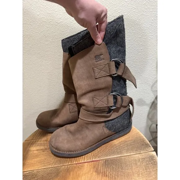 Sorel Chipahko Felt Wool Leather Buckle Tall Boots Brown &amp; Grey Women's 10