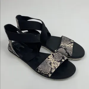 Sorel Ella II Black Creme Snakeskin Sandals flats Elastic cross ankle strap 10