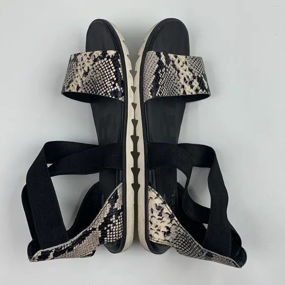 Sorel Ella II Black Creme Snakeskin Sandals flats Elastic cross ankle strap 10