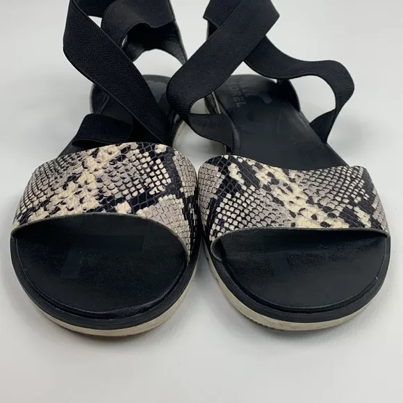 Sorel Ella II Black Creme Snakeskin Sandals flats Elastic cross ankle strap 10